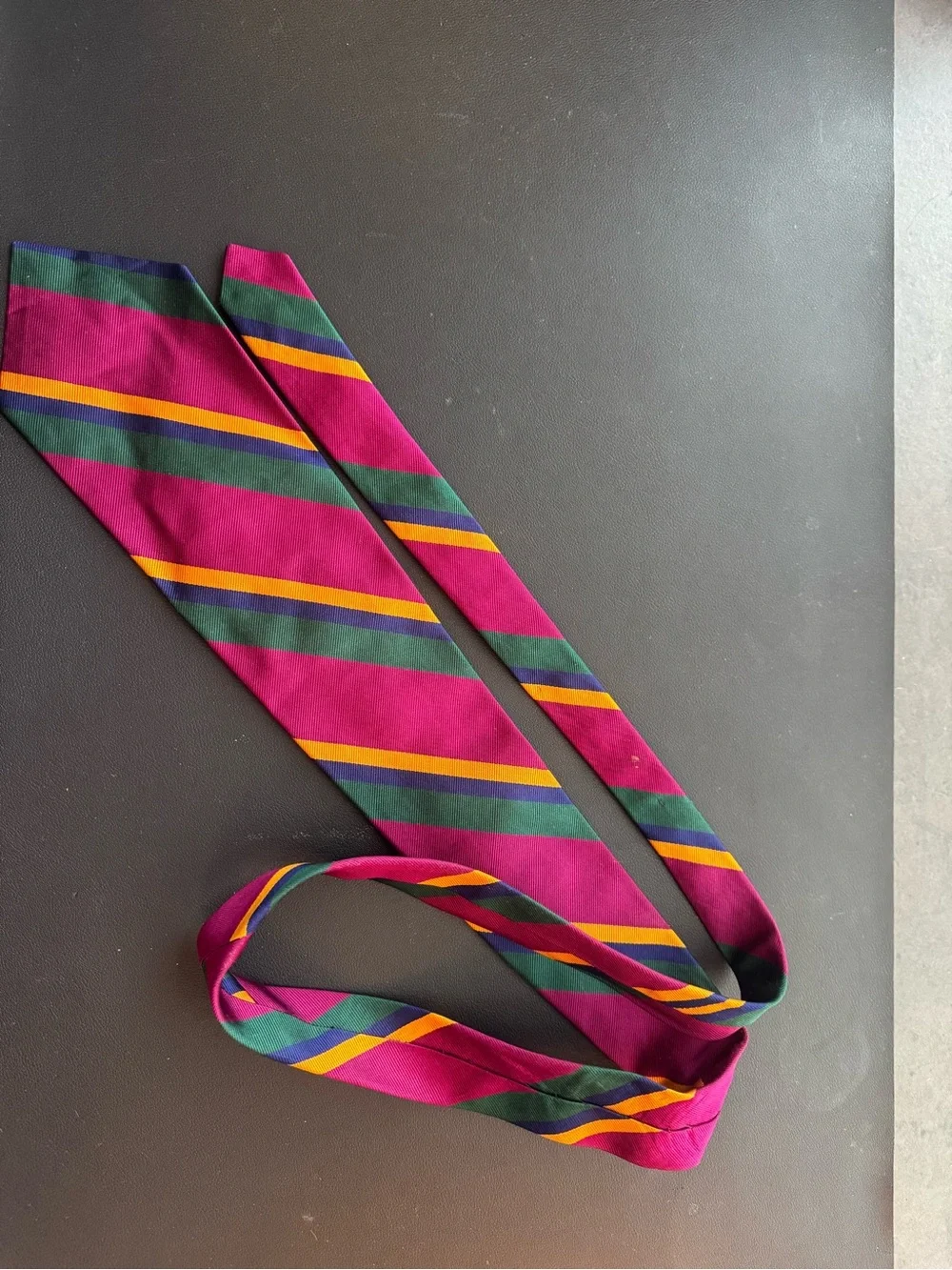 Magenta Striped Silk Tie with Green and Yellow Accents